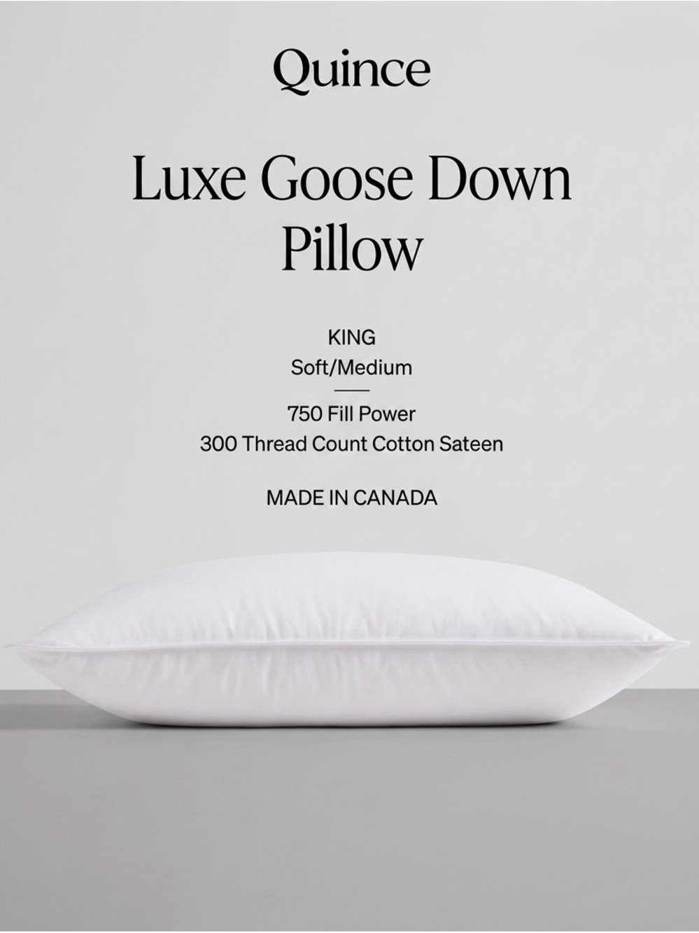 NWT Quince Luxe Goose Down Pillow King Size 750 Fill Power Soft/Med
